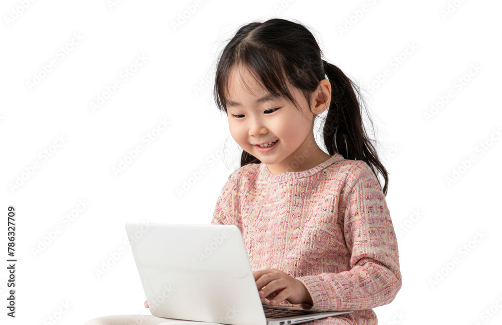 Young Girl with Laptop on Invisible Background Young Girl with Laptop on Invisible Background