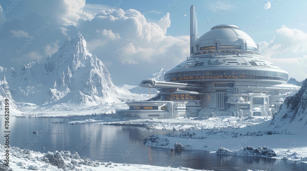 Futuristic research station in a snowy arctic landscape with glowing lights and advanced architecture