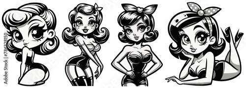 pinup woman retro style, black vector nocolor silhouette, pin up girl vintage monochrome clipart illustration, laser cutting engraving old style