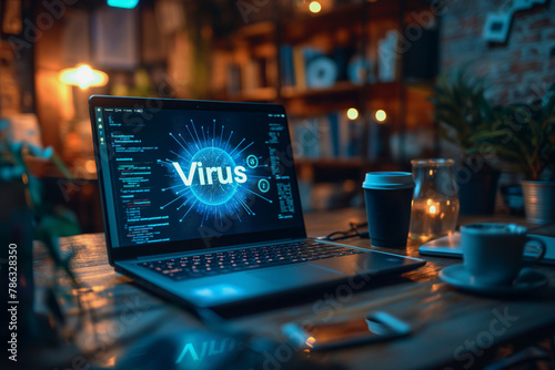 A laptop screen shows a virus