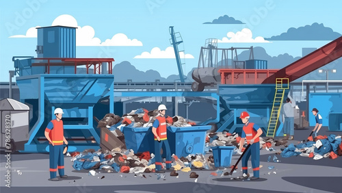 Illustration of workers sorting waste at a recycling facility. photo