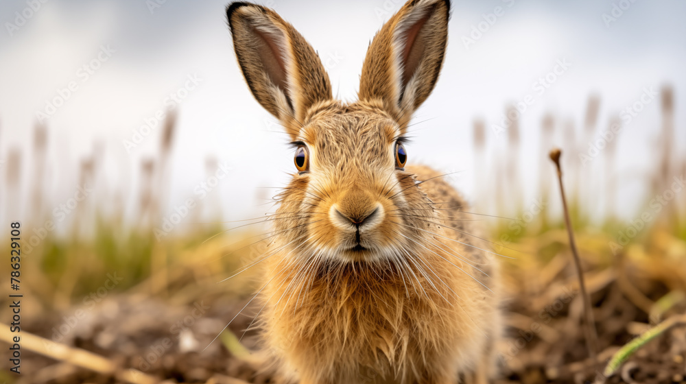 Fototapeta premium Inquisitive Wild Hare Close-Up. Generative AI