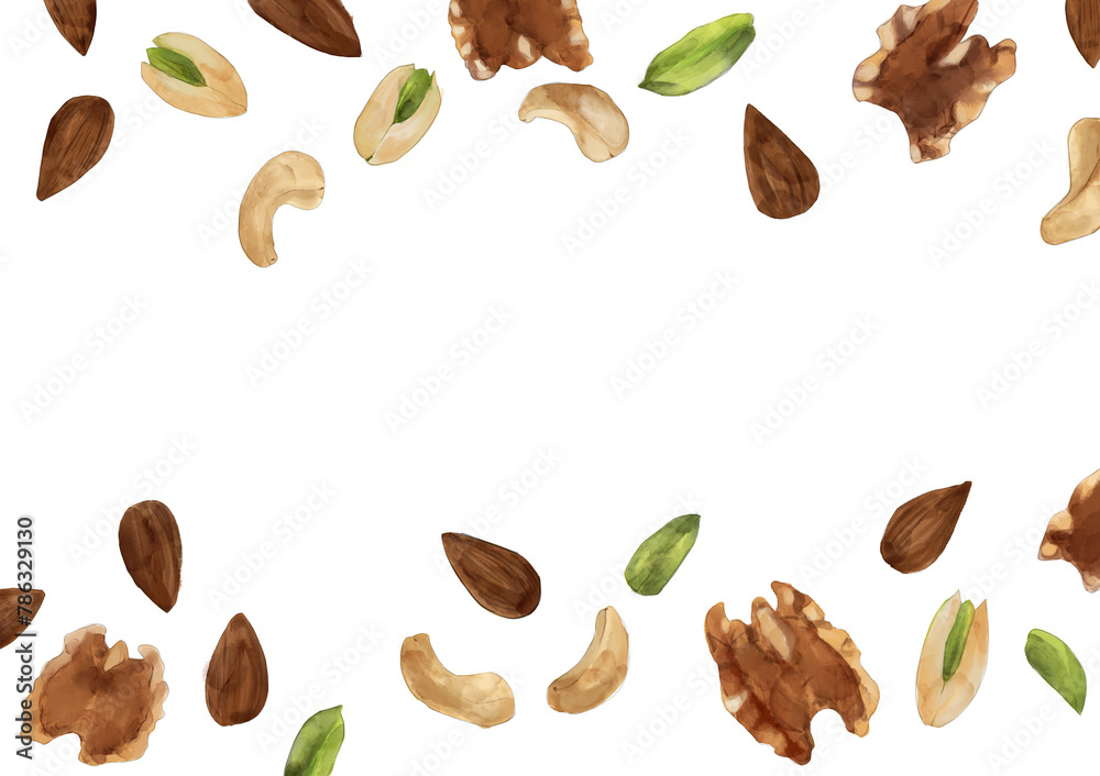 Watercolor background illustration of mixed nuts (almonds, walnuts, cashews, pistachios) Watercolor background illustration of mixed nuts (almonds, walnuts, cashews, pistachios)
