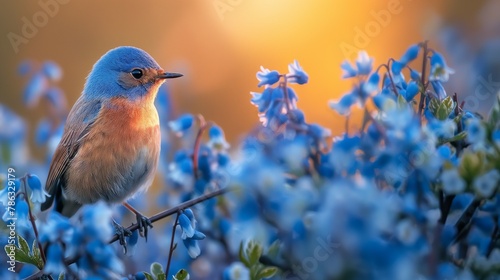 bluebird in the bluebells on orange sunset background.  photo