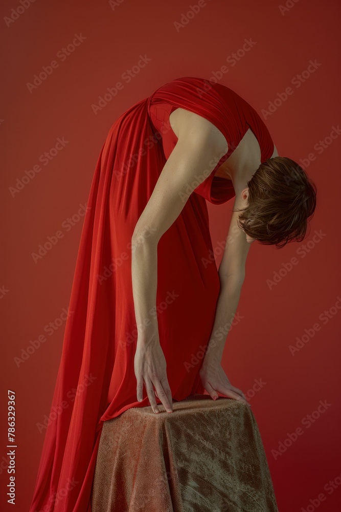 Woman in red dress bending over piece of cloth on red background in elegant fashion concept - obrazy, fototapety, plakaty 
