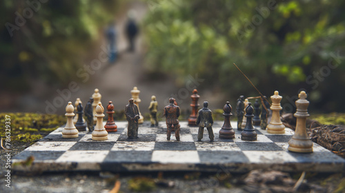 Conceptual chessboard with figurines representing society, suitable for editorial content and social commentary