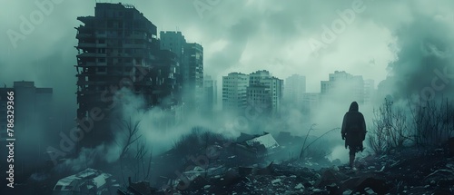 Lone Guardian Amidst the Ruins. Concept Abandoned Buildings, Moody Lighting, Lone Figure, Post-Apocalyptic Setting
