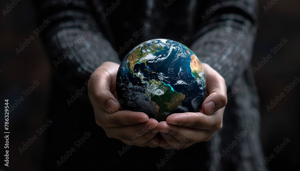 hands holding Earth Globe on black studio background hands holding Earth Globe on black studio background