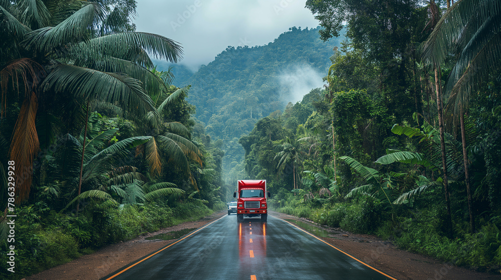 Fototapeta premium A red truck is driving down a road in a forest