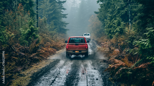 A red pickup truck is driving down a road in the woods
