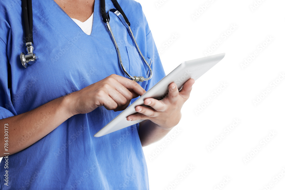 Tablet, hands and woman doctor on studio mockup for newsletter, information or medicine research on white background. Digital, app or nurse with online, consulting or Telehealth service communication Tablet, hands and woman doctor on studio mockup for newsletter, information or medicine research on white background. Digital, app or nurse with online, consulting or Telehealth service communication