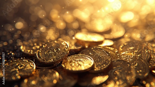 Sparkling golden coins on bright light glowing bokeh background photo