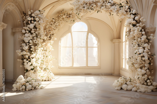 Cream, brown and white flowers hanging from above, plain cream arch wall, plain plain cream floor © Nate