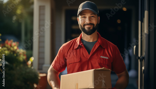 Delivery man in uniform holding a cardboard box delivering to door of customer home