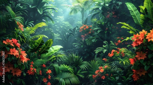 Lush green rainforest scene with vibrant exotic flowers and plants