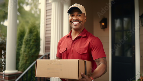 Delivery man in uniform holding a cardboard box delivering to door of customer home © Nate