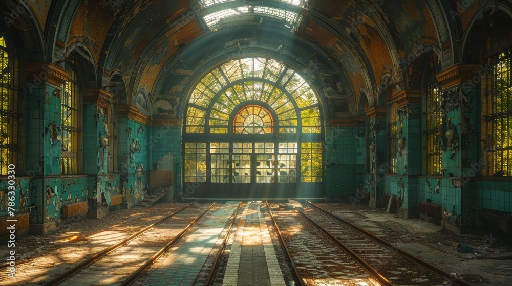 Mysterious and abandoned Art Deco train station with faded grandeur and railway tracks