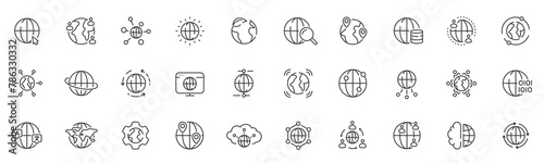 Set of world globe related line icons. Planet, internet, web, earth, network etc. Editable stroke