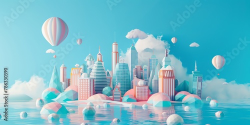 3D render, illustration 16K cute landscape, mini city , gradient green and blue pastel colors background