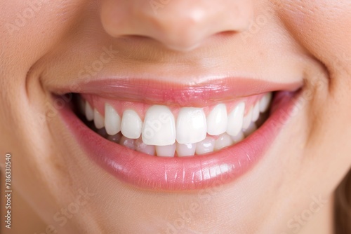 Close-up of a woman's smile with perfectly white teeth. 
