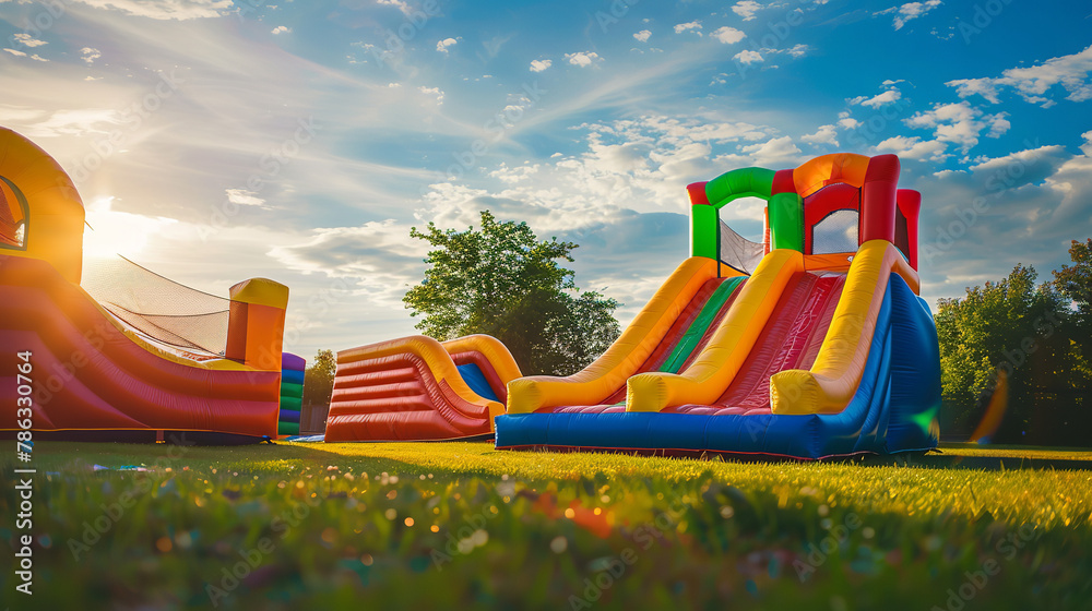Picture a vibrant, colorful inflatable bounce house water slide set up in a backyard, ready to offer endless fun for children. The bouncy castle slide, with its bright colors and playful design