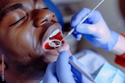 A Black patient undergoing a dental examination. 