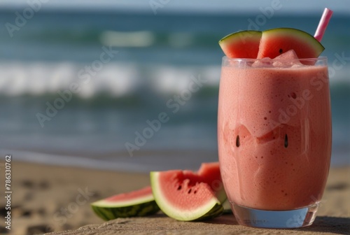 Fruit smoothie on the background of the sea, vacation, summer watermelon