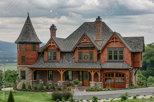 A Craftsman-style home with a turret, providing panoramic views of the surrounding landscape, detailed woodworking, and a harmonious blend of brick and wood exterior.