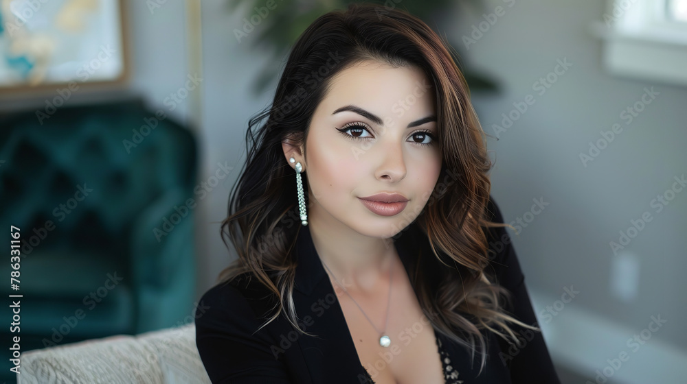 woman hairstylist, 29 years old, stylish, trendy, smart elegant black clothes aesthetic, black medium length hair, soft beachy waves in hair, silver and diamonds jewelry, leather blazer,