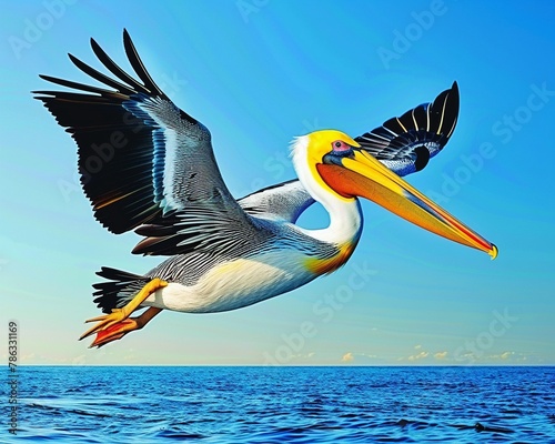 Pelicans soar effortlessly over the vast expanse of the sea , photo