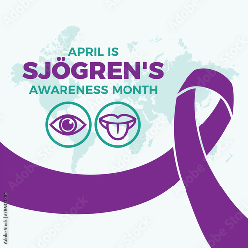 April is Sjögren's Awareness Month poster vector illustration. Purple awareness ribbon, eye, tongue icon set vector. Template for background, banner, card. Important day