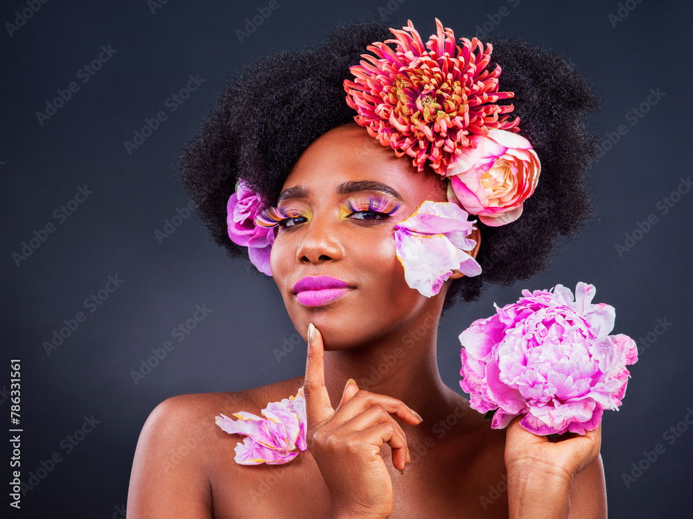 Flowers, idea and portrait of afro black woman in studio on dark ...