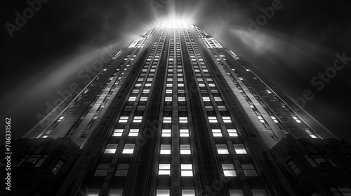 Dramatic black and white photo of a grand Art Deco skyscraper illuminated by captivating beams of light