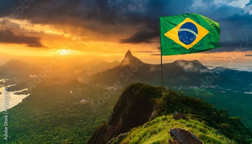 The Flag of Brazil On The Mountain. photo