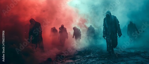 Silent March of the Undead amidst Eerie Mists. Concept Halloween, Horror, Spooky, October, Ghosts