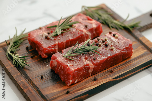 Two pieces of meat with rosemary and pepper on a wooden cutting board