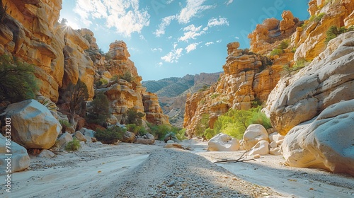 Sunny day at a majestic canyon with towering rock formations and a dry riverbed