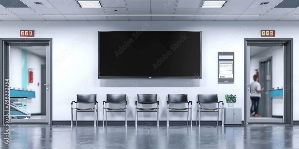A mockup of an empty black poster on the wall in modern hospital waiting room with comfortable chairs and medical equipment. empty white blank poster on white wall in hospital, black screen board
A mockup of an empty black poster on the wall in modern hospital waiting room with comfortable chairs and medical equipment. empty white blank poster on white wall in hospital, black screen board