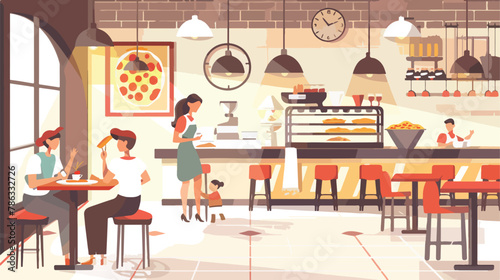 Pizzeria restaurant or cafe interior with workers and