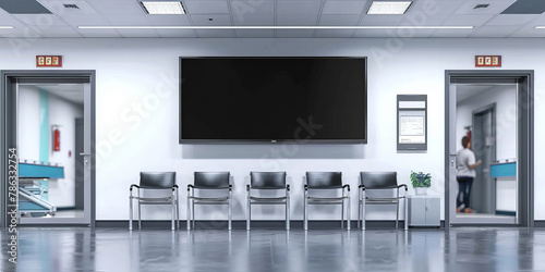 A mockup of an empty black poster on the wall in modern hospital waiting room with comfortable chairs and medical equipment. empty white blank poster on white wall in hospital, black screen  board   © Planetz