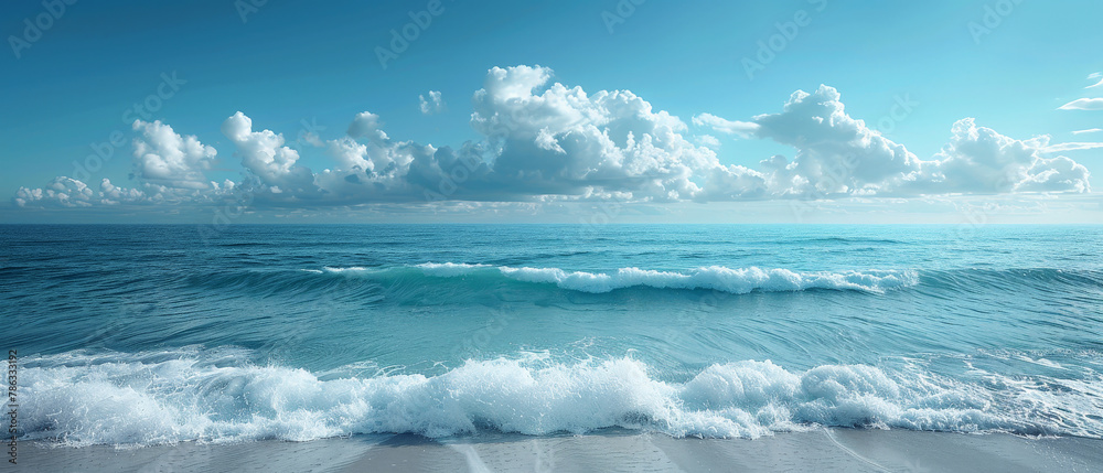 Pristine Waves on Tranquil Beach with Fluffy Clouds