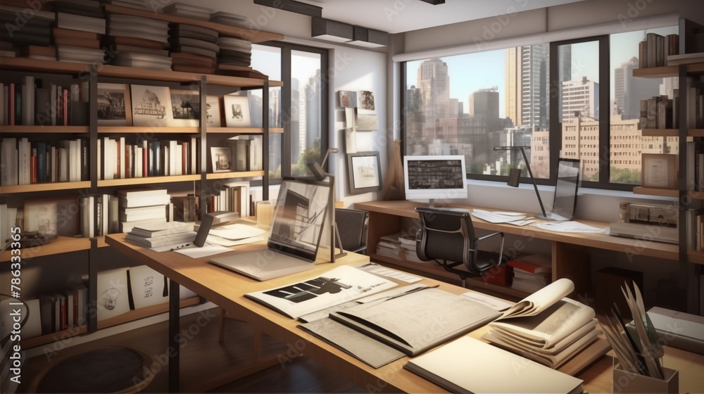This photorealistic rendering presents a home office that merges functionality with creativity, designed as a virtual background with a 3D spatial feeling This photorealistic rendering presents a home office that merges functionality with creativity, designed as a virtual background with a 3D spatial feeling