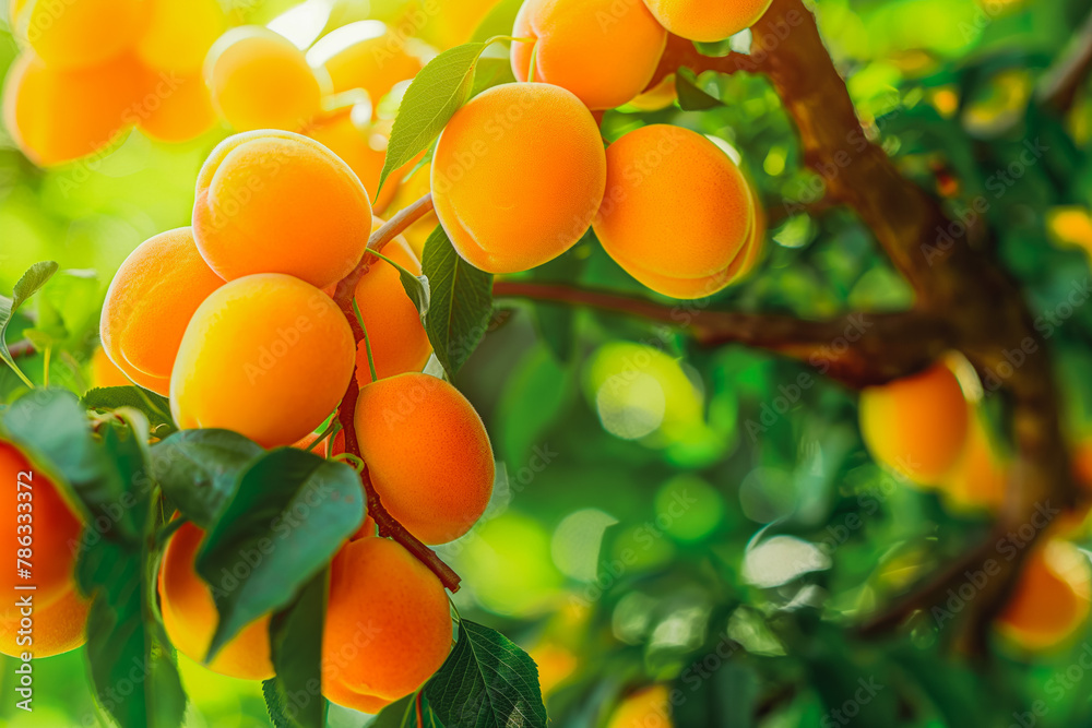Bunch of fresh apricots hanging on a tree in apricot tree garden.