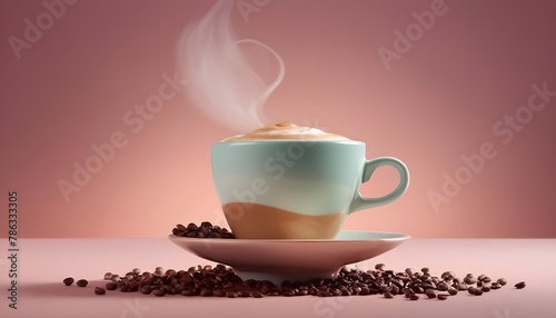 Hot coffee in a pastel color cup surrounded by coffee beans, on a pastel color background
