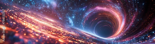 Artistic rendition of a black hole vortex in space with a luminous accretion disk and starry background. photo