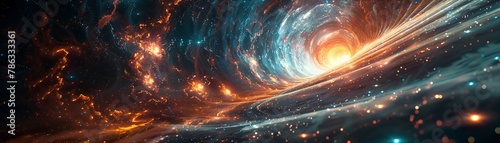Sweeping view of a galactic spiral nebula, radiating with stellar light and cosmic energy.