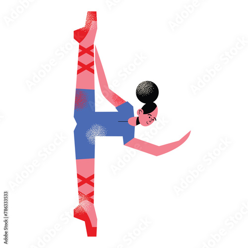 Girl gymnast jumping in split. Sport woman dancing. Flexible graceful female athlete, rhythmic artistic gymnastics, acrobatics. Flat vector illustration isolated on white background