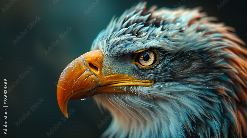 Fototapeta premium Close-up of a eagle's head showcasing its piercing eyes and sharp beak with fine details in the feathers.
