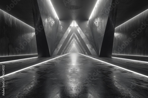 An atmospheric 3D rendering of a futuristic corridor with symmetrical glowing light strips leading to a vanishing point