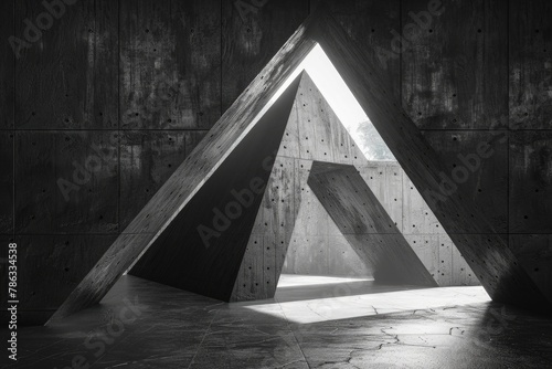 This image captures a striking concrete room with a geometric triangular opening that casts light and shadows © evannovostro